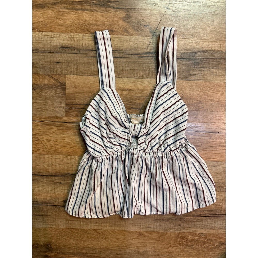 Monteau LA Linen Babydoll Striped Tank Top Tie Front Boho Coastal Fisherman